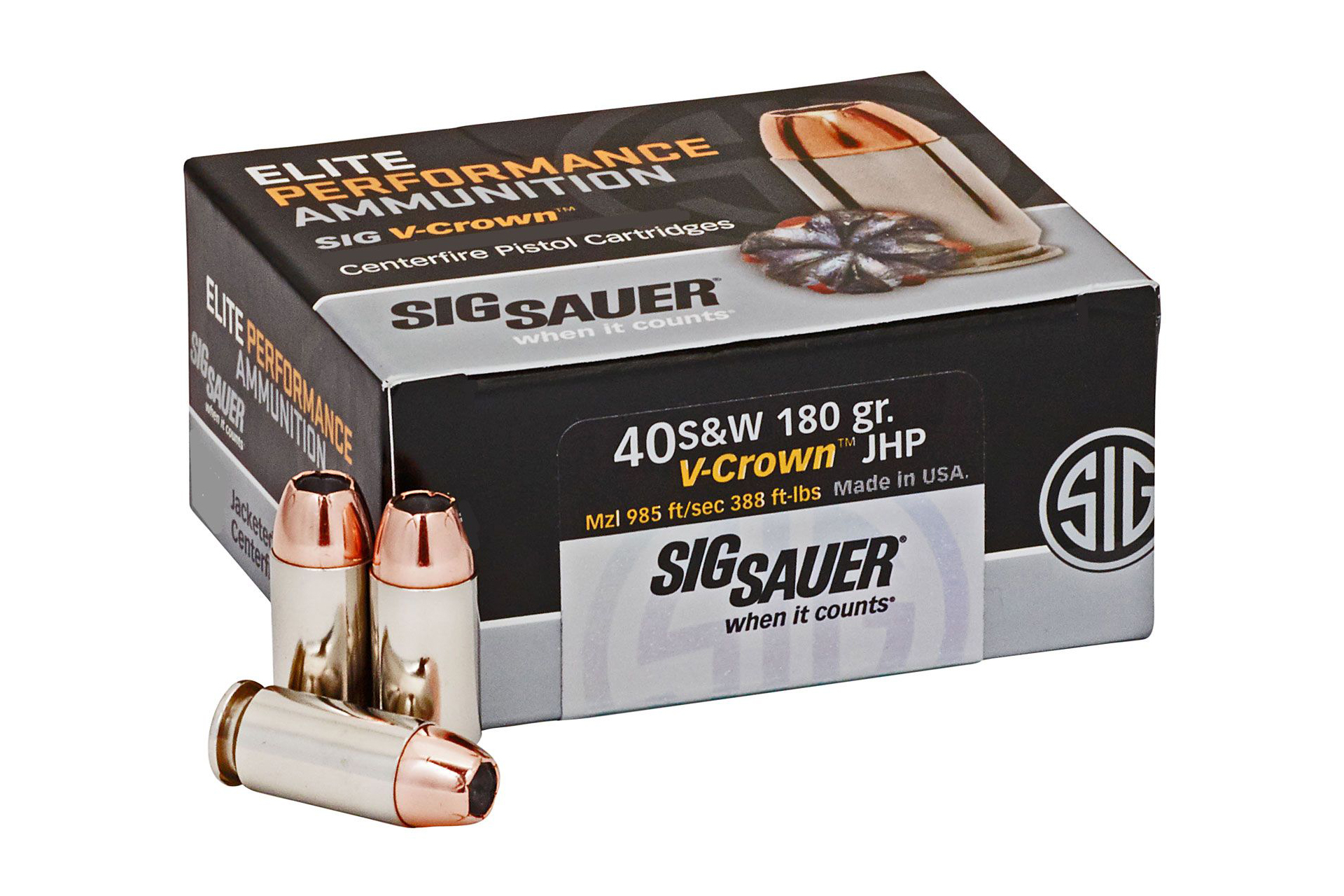 Sig Sauer E40SW2-50 Elite V-Crown 40 S&W 180 gr Jacketed Hollow Point (JHP) Handgun Ammo - 50 Rounds