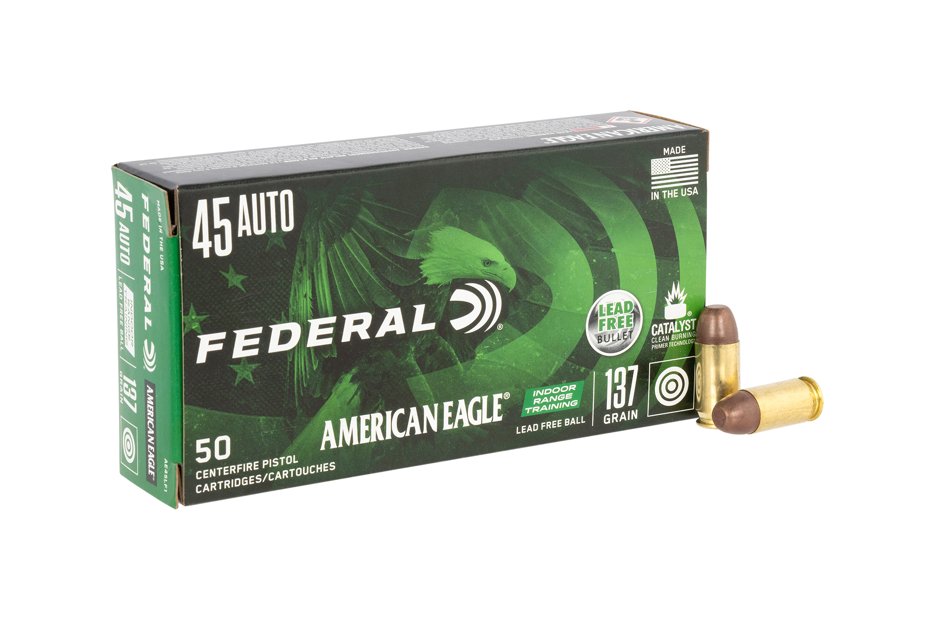 Federal Ammunition Federal AE45LF1 American Eagle Indoor Range Training (IRT) 45 ACP 137 gr Lead Free Ball Handgun Ammo - 50 Rounds