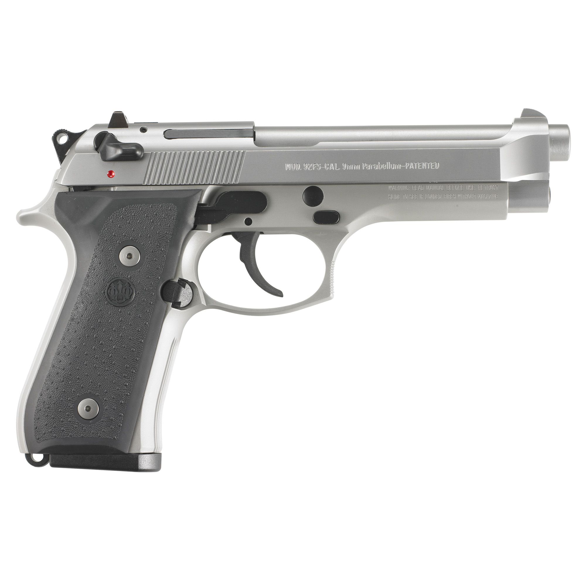 Beretta, 92FS, INOX, Double/Single Action, Semi, Full Size, 9MM, 4.9" Barrel, Rubber Grips, 3 Dot Sights, 10 Rounds, CA Compliant