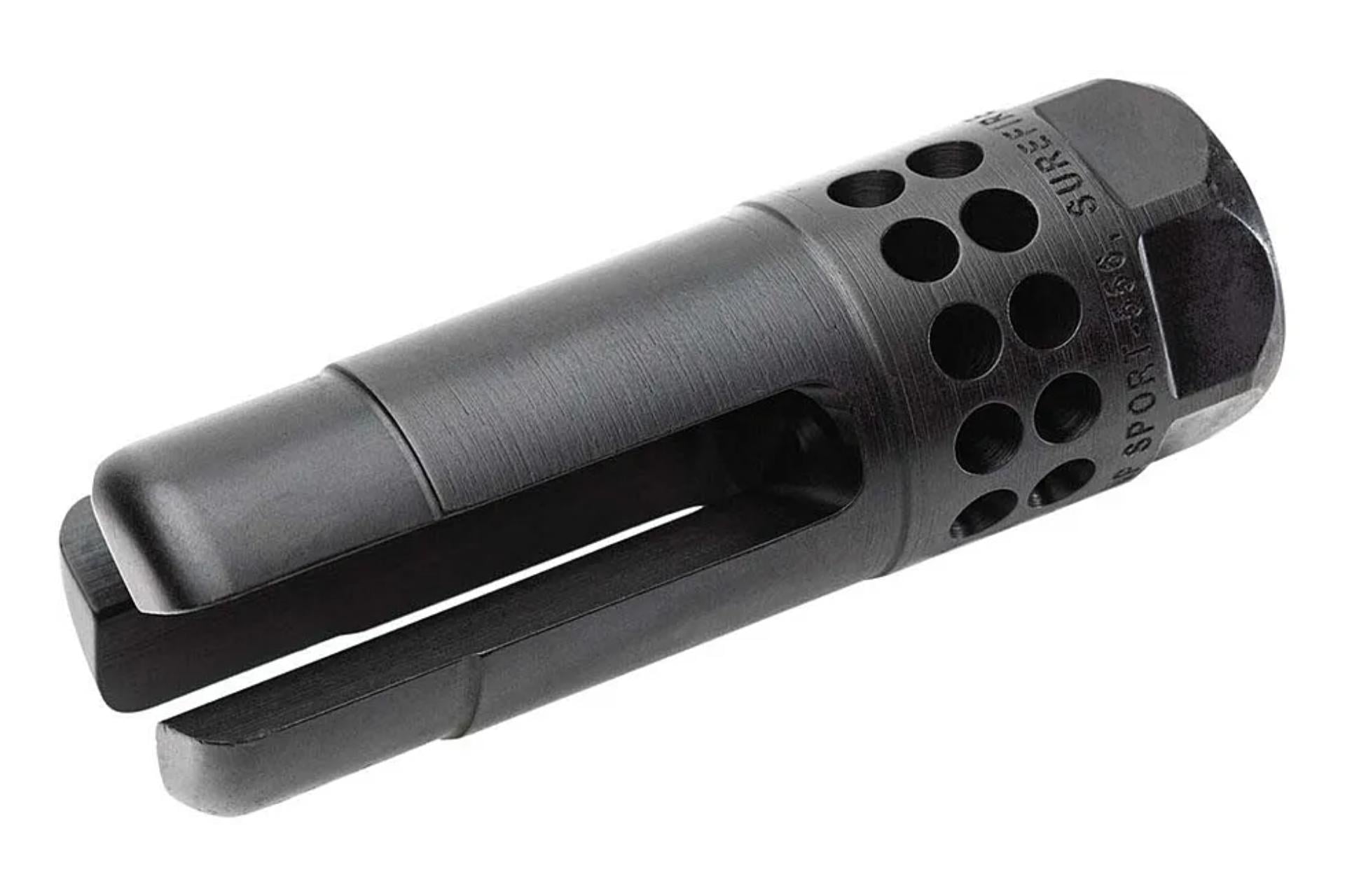 SureFire WARCOMPSPORT5561228 Warcomp Sport Flash Hider 22 Cal (5.56mm) 1/2"-28 tpi, Open Tine 3-Prong, Ported Black Stainless Steel