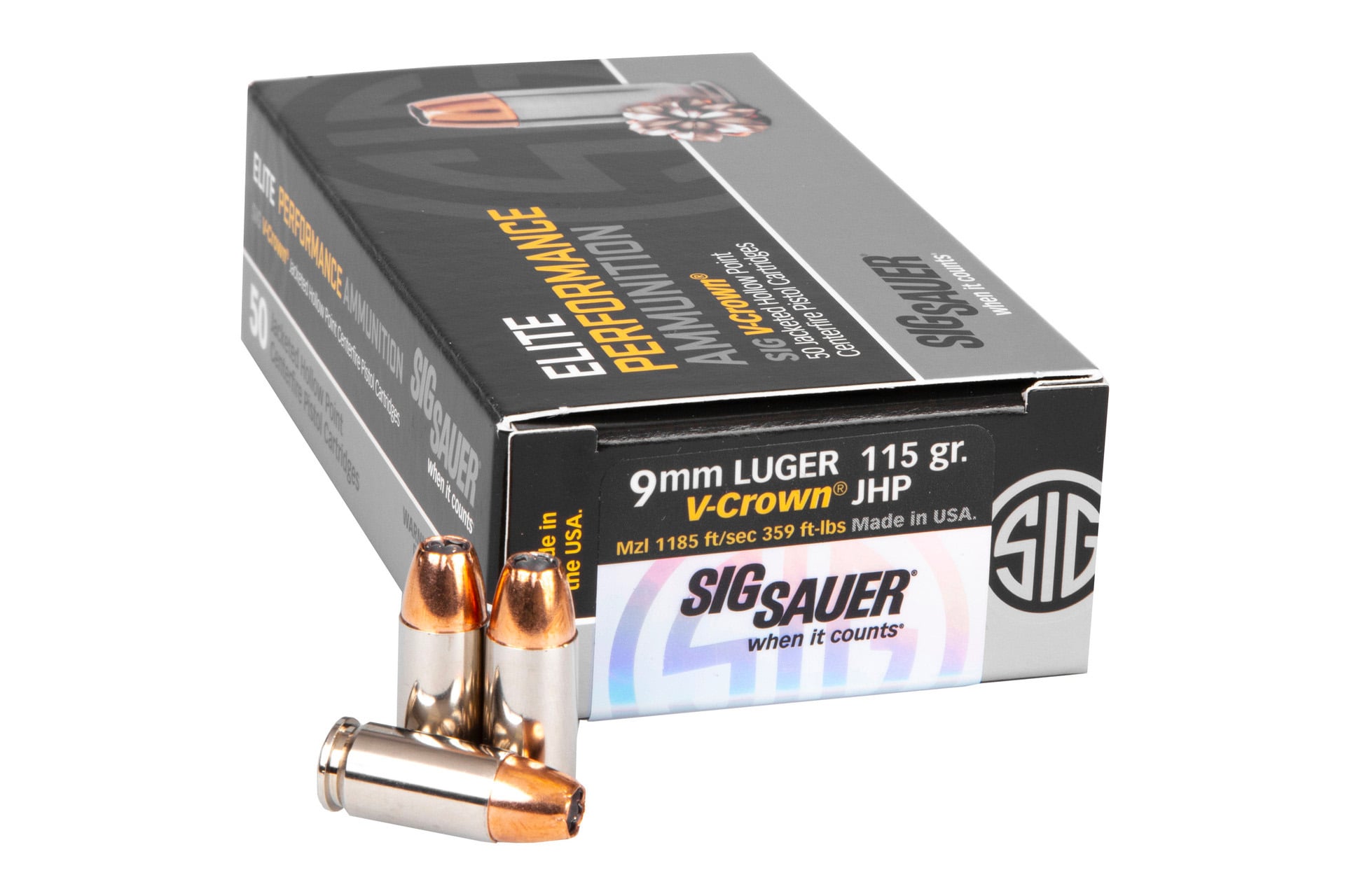 SIG Sauer SIG Sauer Elite 9mm Luger V-Crown JHP 115 Grain Ammo Handgun Ammo - 50 Rounds