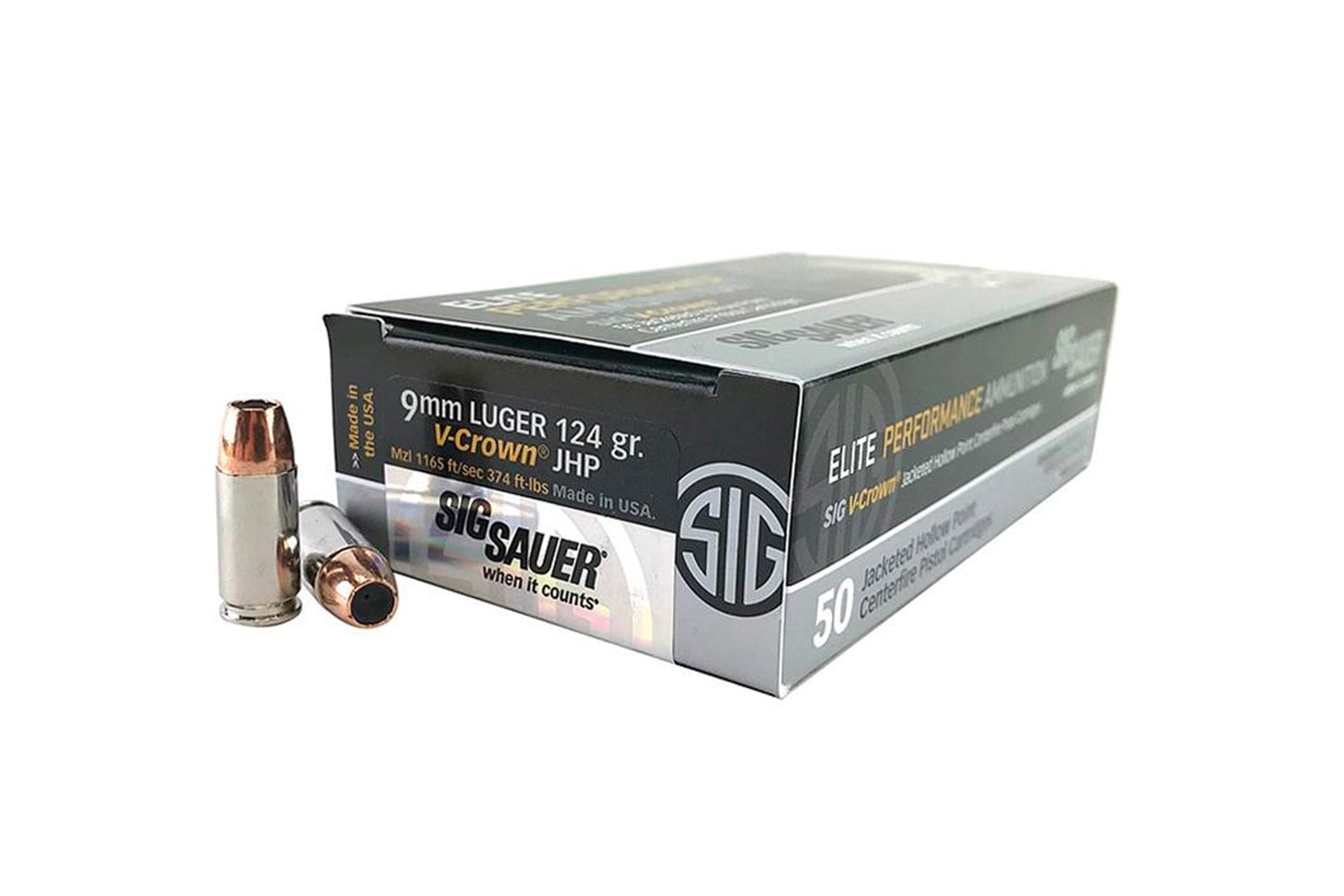 Sig-Sauer 9mm Luger 115gr V-CROWN Brass – 50rd