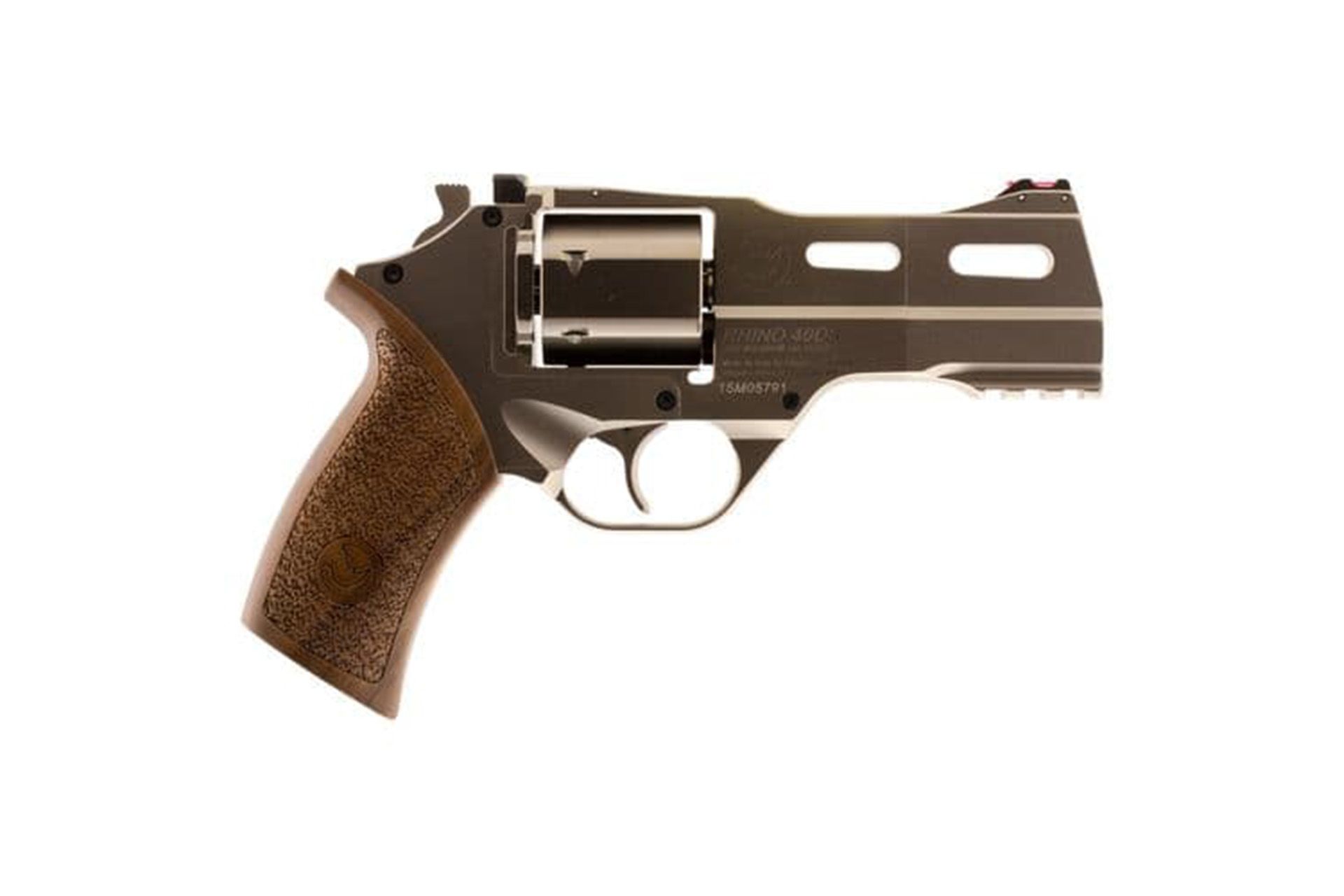 Chiappa Rhino 40SAR *CA Compliant Medium Frame 4" 357 Mag 6Rd, Nickel-Plated Aluminum Frame w/Picatinny Rail, Walnut Grip, Concealed Hammer