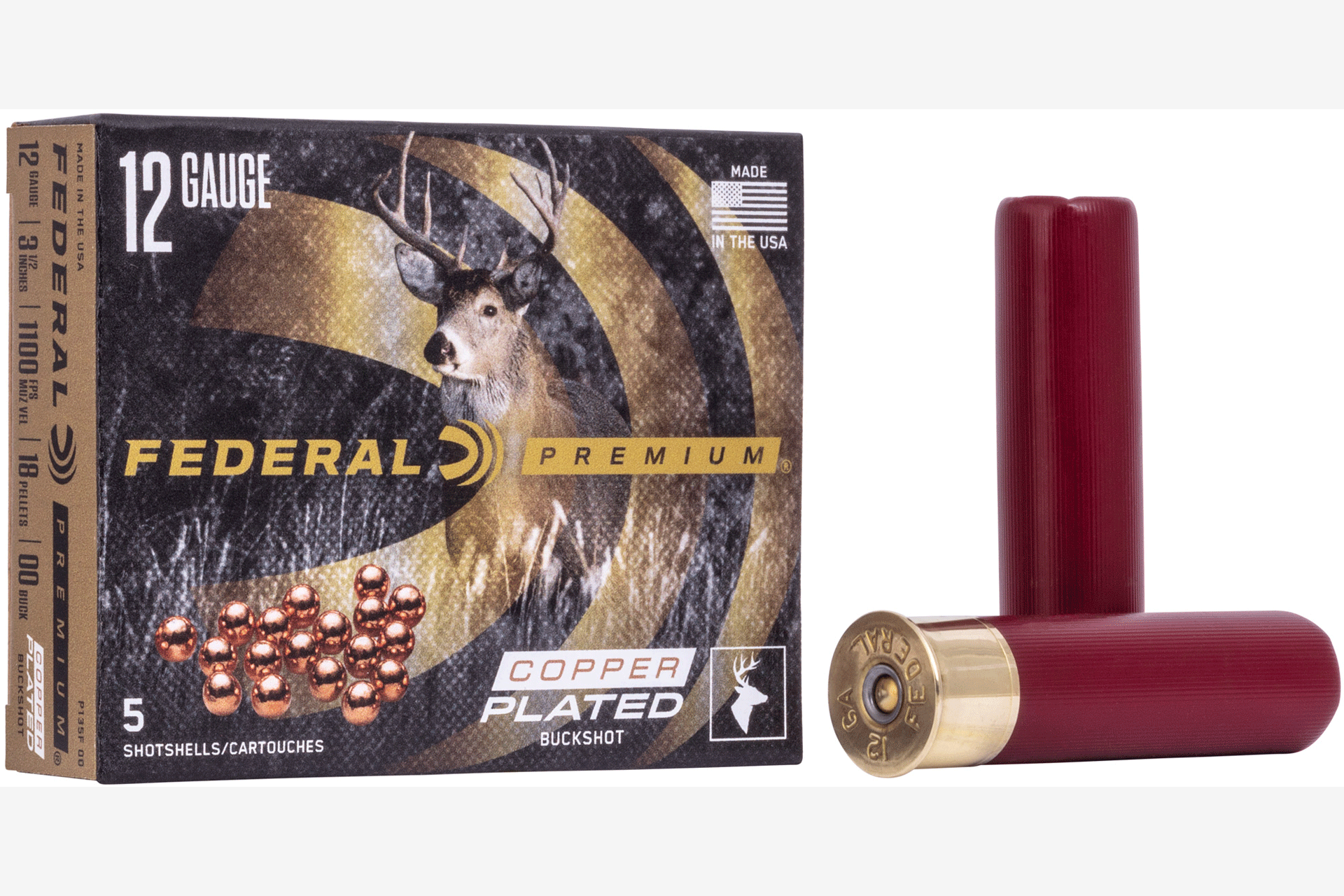 Federal Premium Vital Shok 12 Gauge 3.5 00 Buck 2 1/4oz Buckshot 18 Pellets Shotgun Ammo - 5 Rounds