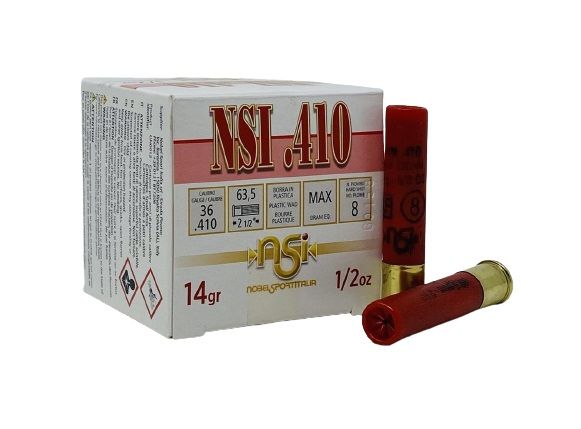 NOBEL SPORT NSI .410 GAUGE 2 1/2'' MAX DRAM EQ. # 8 SHOT 1/2 OZ Shotgun Ammo - 250 Rounds