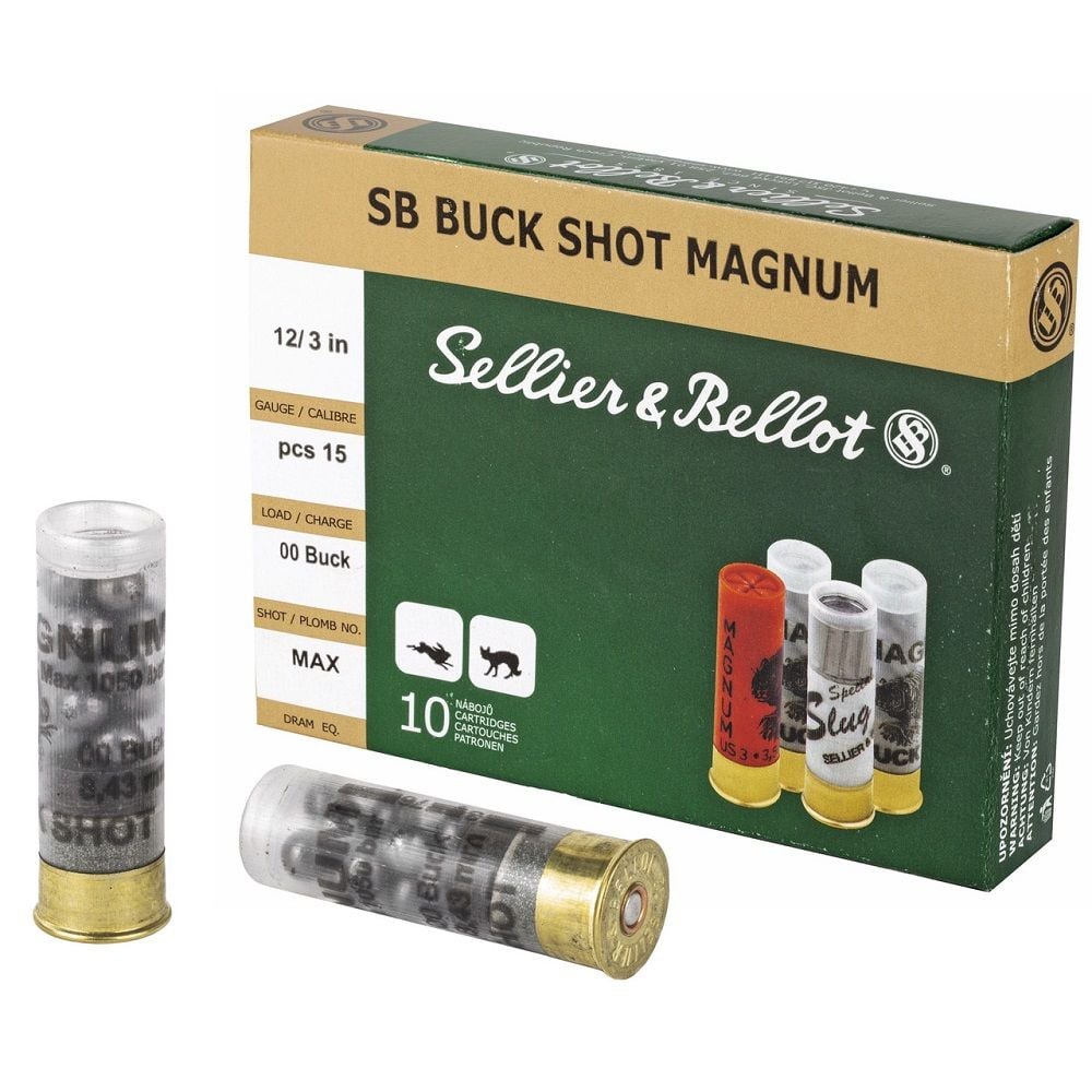 Sellier & Bellot Shotshell 12 Gauge 3" 00 Buck 15 Pellets Shotgun Ammo - 10 Rounds