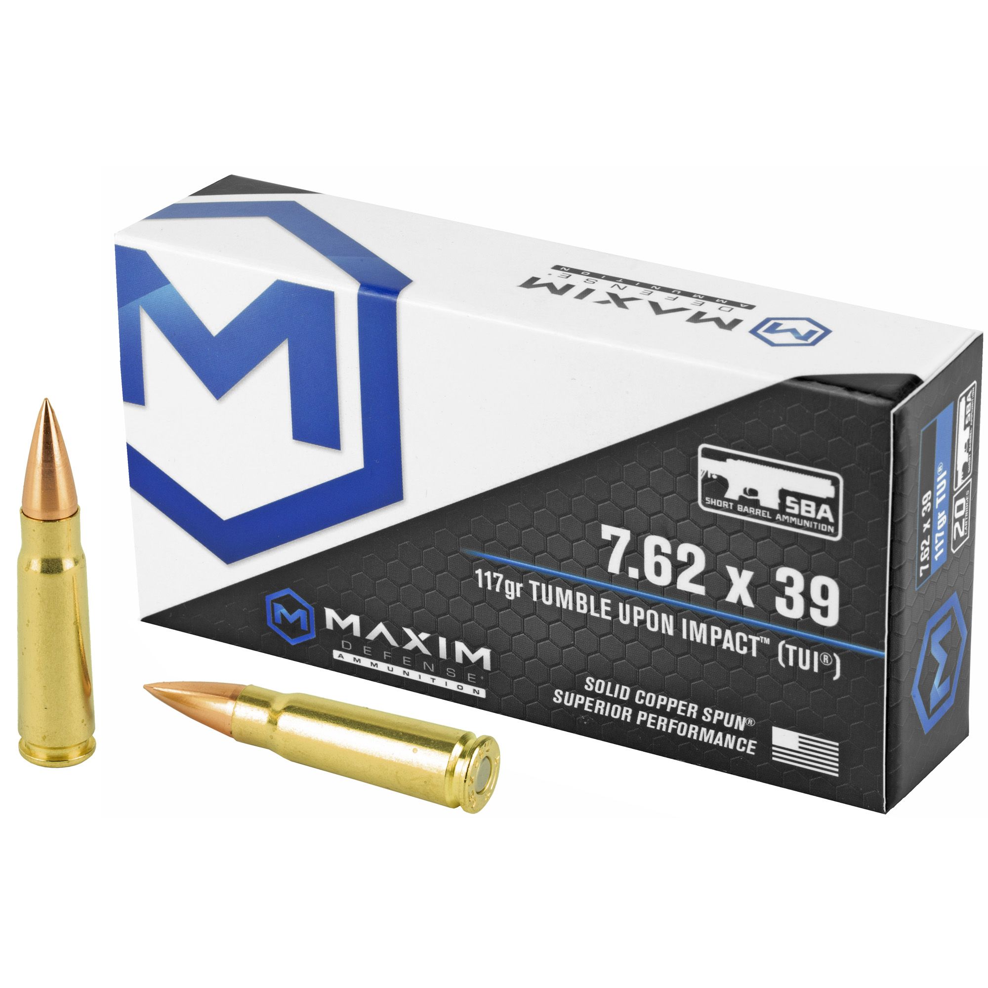 Maxim Defense Industries SBA Short Barrel Ammunition 7.62X39 117 Grain Solid Copper Bullet TUI (Tumble Upon Impact) Design Rifle Ammo - 20 Rounds