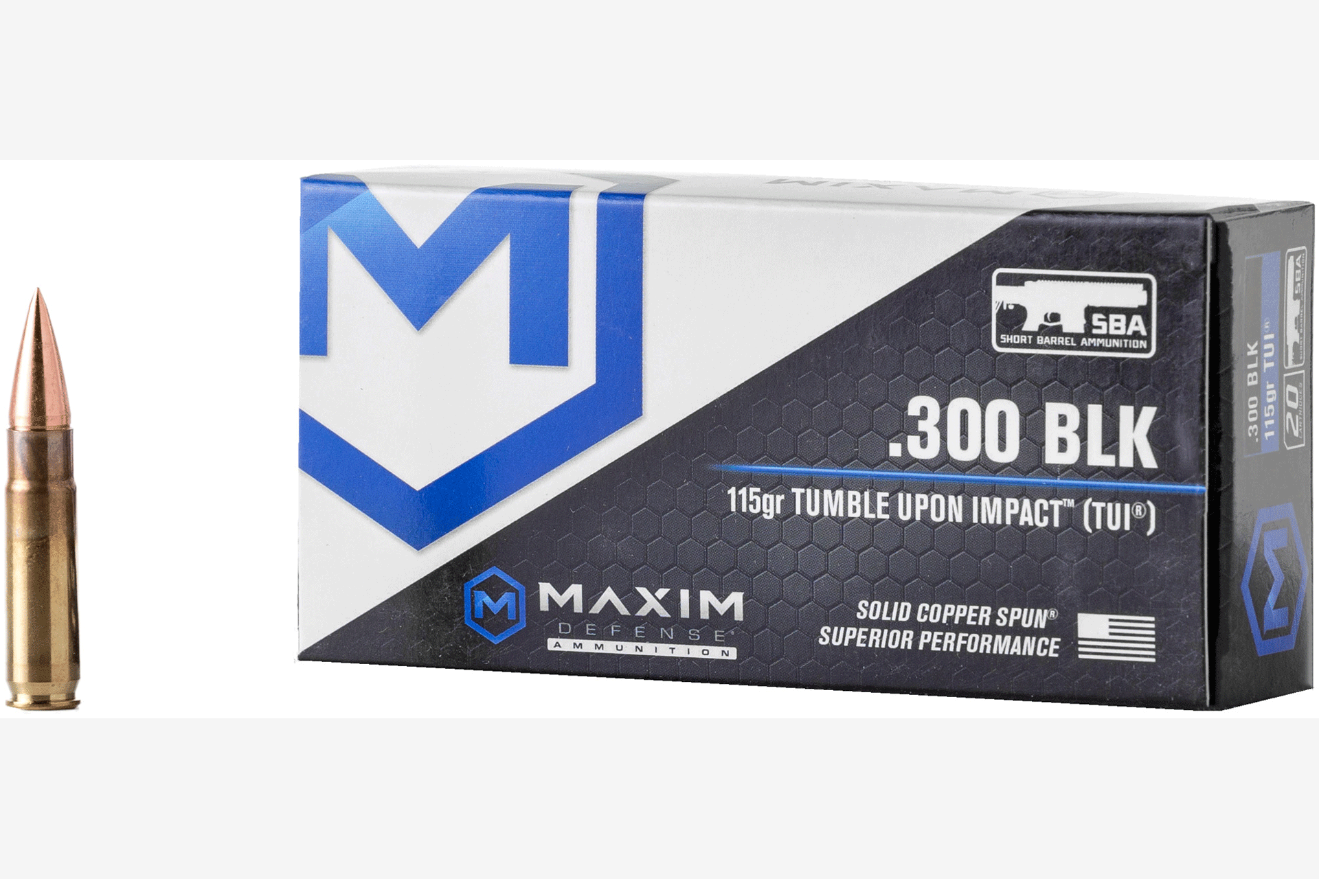 Maxim Defense Industries SBA 300 Blackout 115 Grain Solid Copper Bullet Rifle Ammo - 20 Rounds