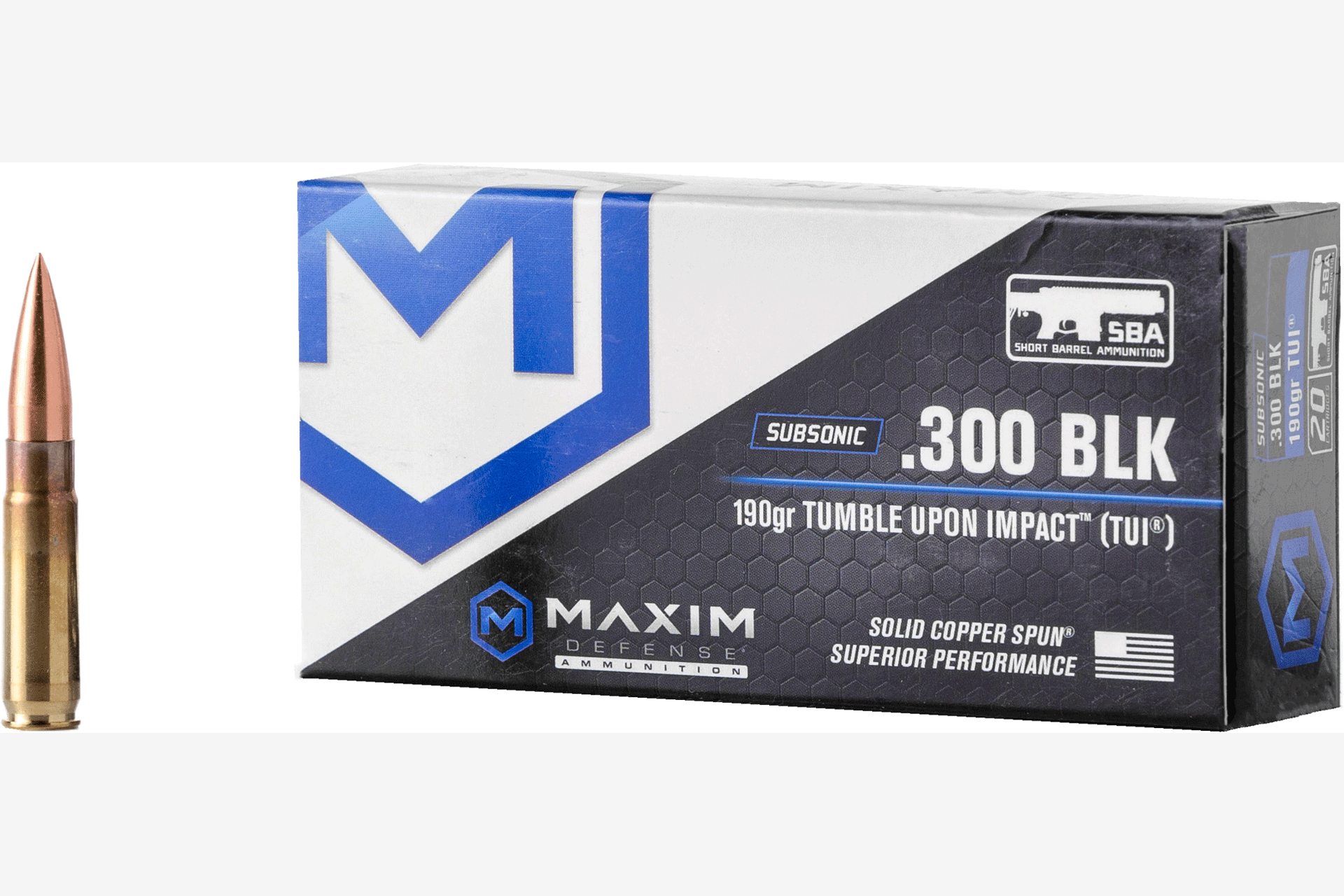 Maxim Defense Industries SBA 300 Blackout 190 Grain Solid Copper Bullet Rifle Ammo - 20 Rounds