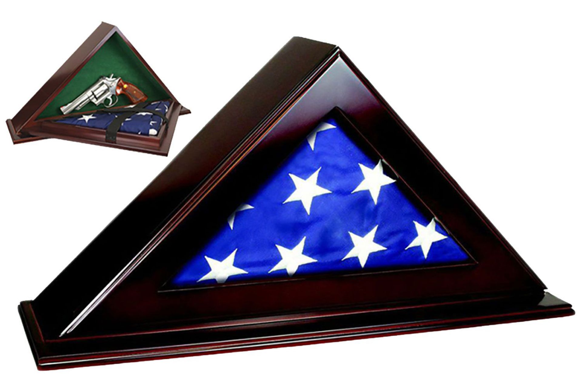 Peace Keeper PFC Patriot Flag Case Key Entry Mahogany Stain Wood Holds 1 Handgun 22" W x 4.25" D x 11.50" H