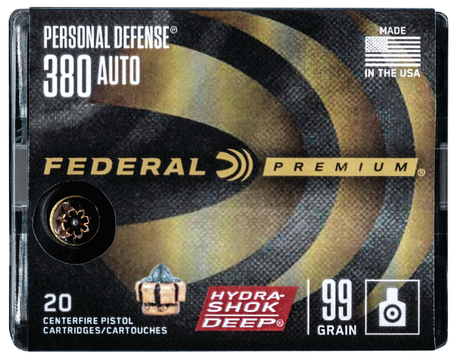 Federal Ammunition 380 AUTO 99GR HYDRA-SHOK DEEP HP Centerfire Handgun Personal Defense 25 round box