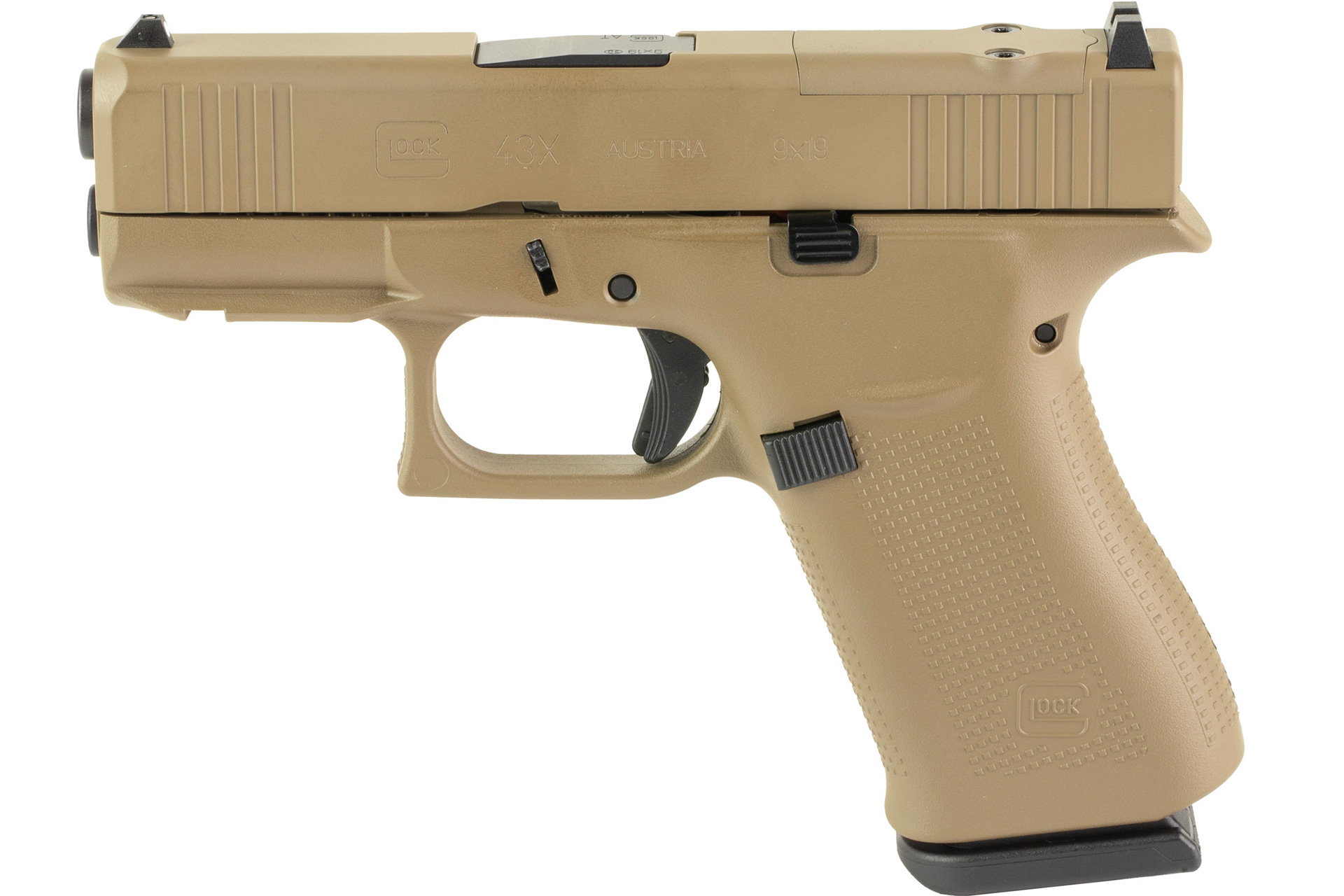 Unknown GLOCK, 43X, M.O.S, Semi, Polymer Frame Pistol, 9MM, 3.41" Barrel, FDE, Fixed Sights, 10 Rounds