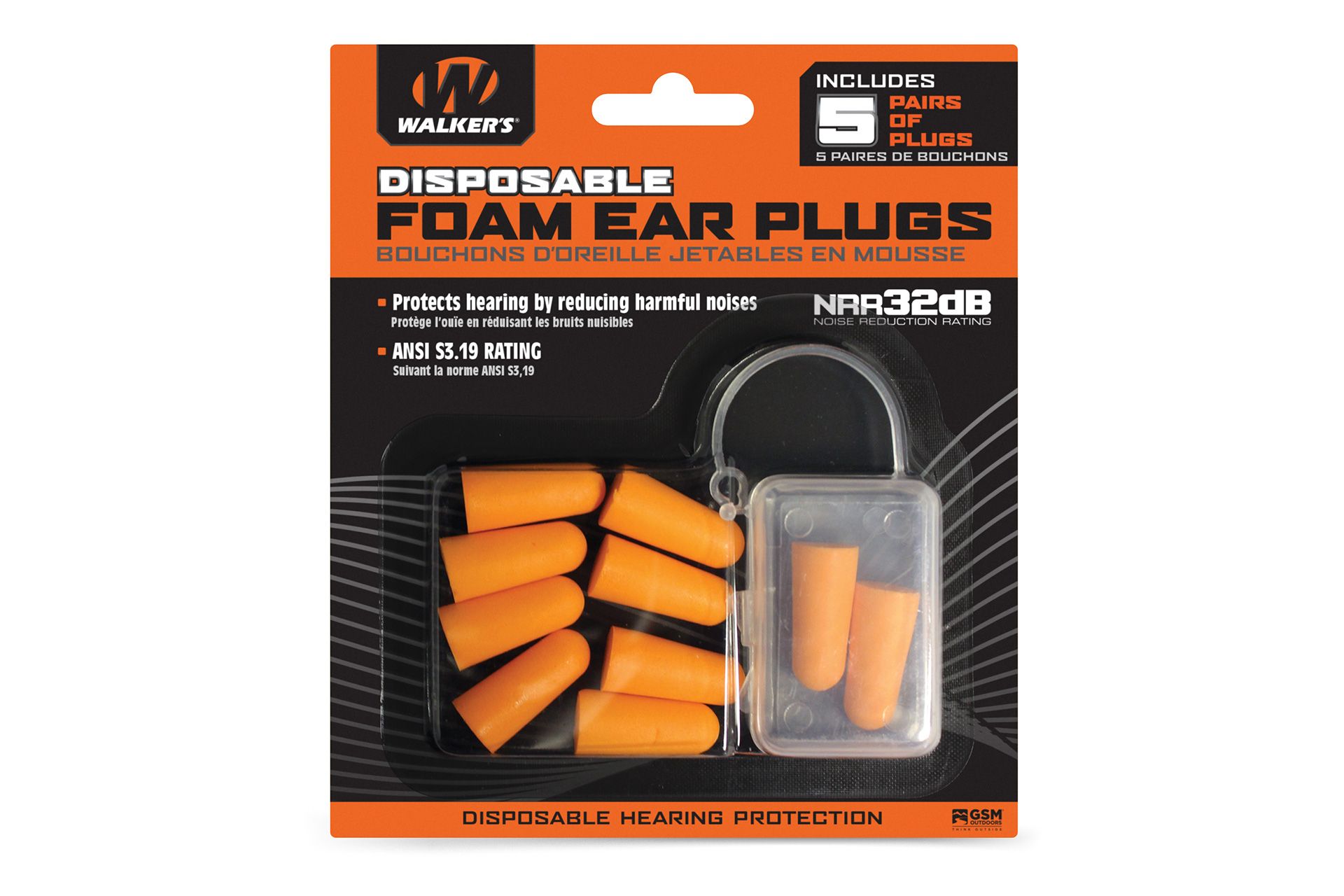 Walker's Ear Plug Foam Orange 5 Pairs per Pack Includes Plastic Storage case