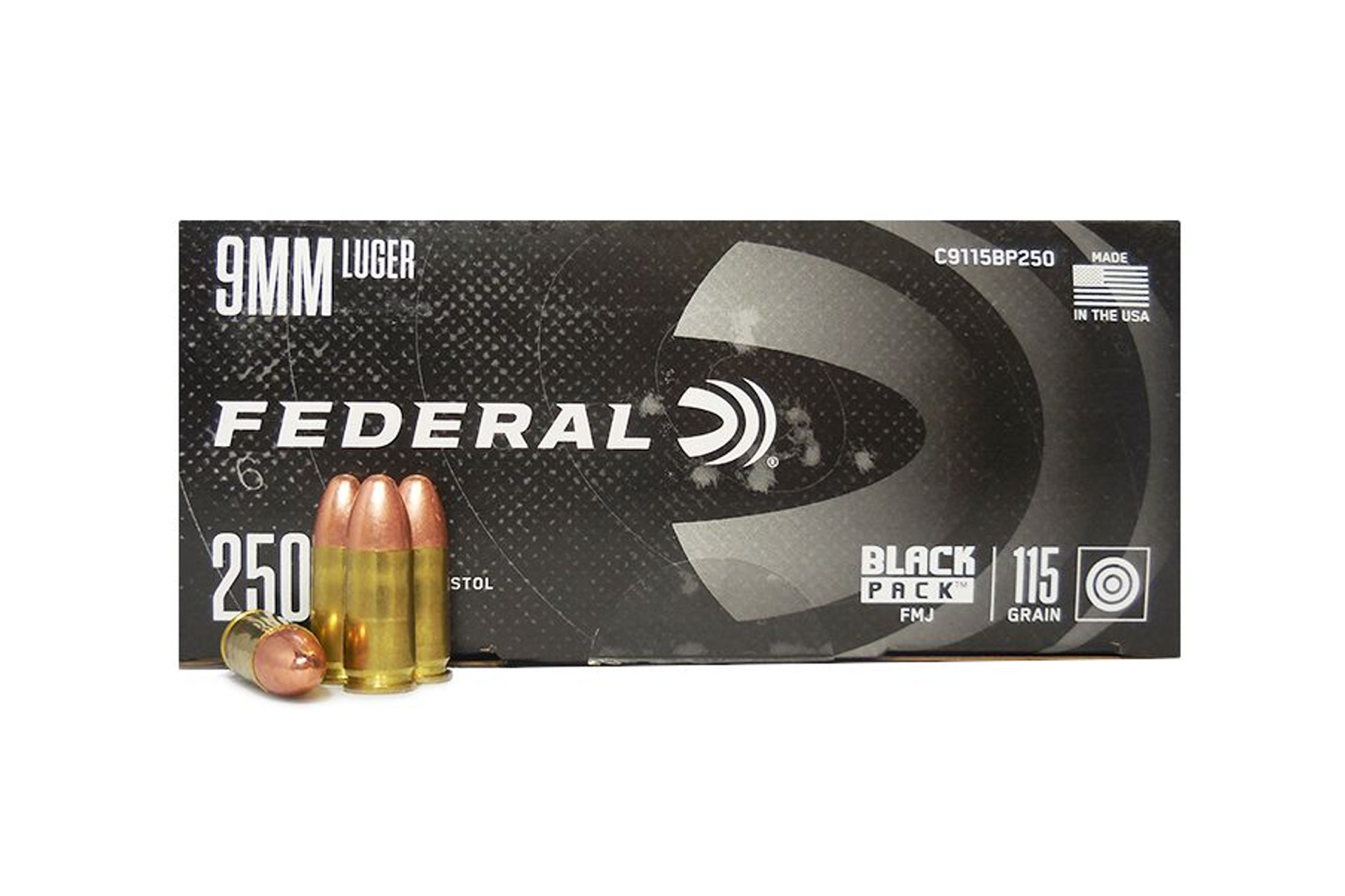 Federal Black Pack 9MM Luger 115GR FMJ Handgun Ammo - 250 round box