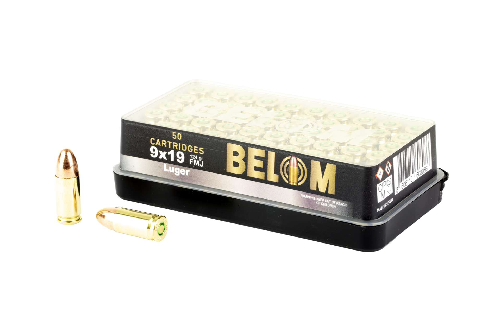 Belom 9mm 124gr FMJ Brass Handgun Ammunition - 50 Round Box