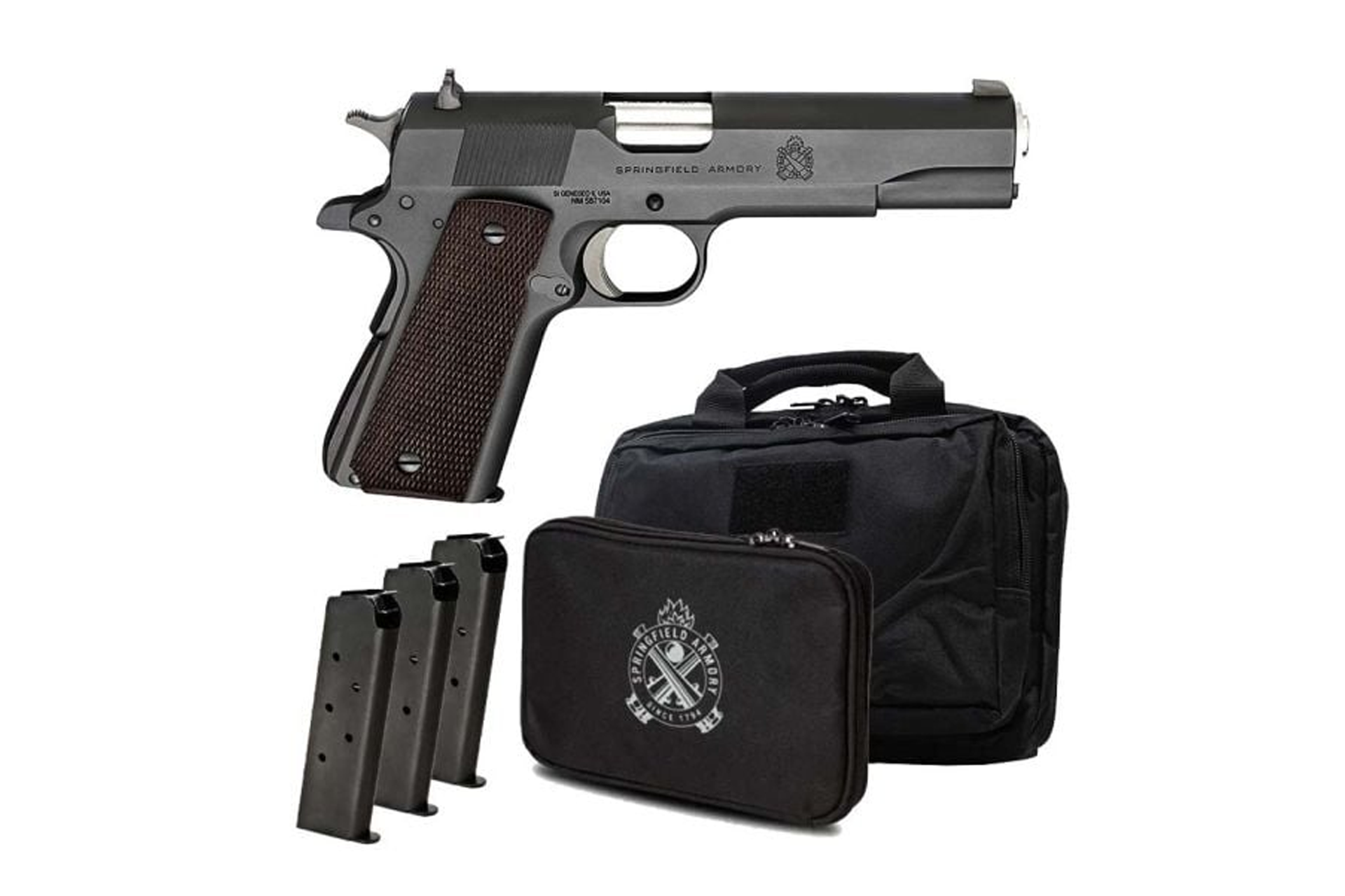 Springfield Armory 1911 Mil-Spec 5" 45 ACP 7Rd Full Size Semi-Auto Parkerized Pistol - Gear Pac w/ Range Bag & 3 Mags - Black
