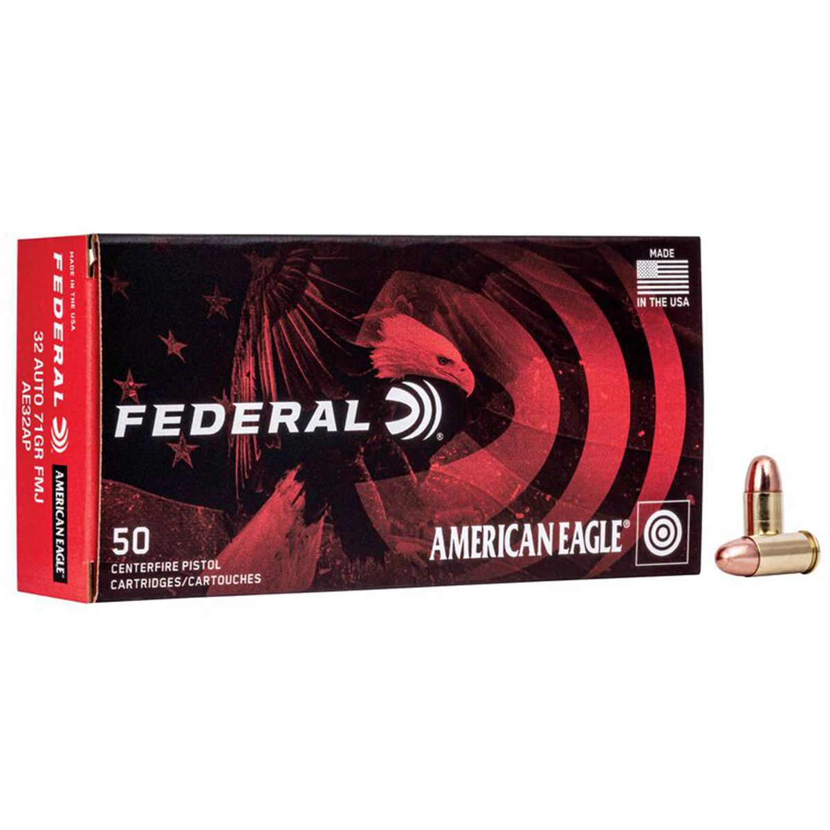 Federal Ammunition AE32AP American Eagle 32 ACP 71 gr Full Metal Jacket (FMJ) Handgun Ammo - 50 Rounds