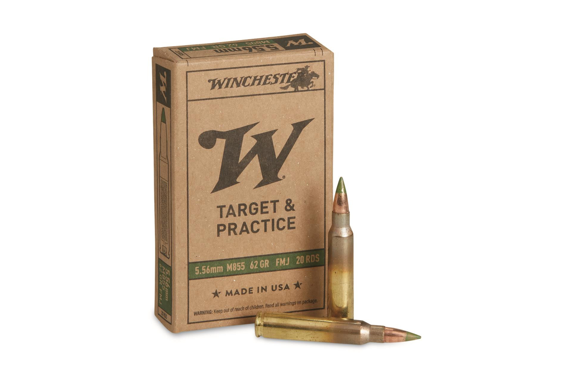 Winchester 5.56 NATO 62gr FMJ Green Tip Rifle Ammo - 20 round box
