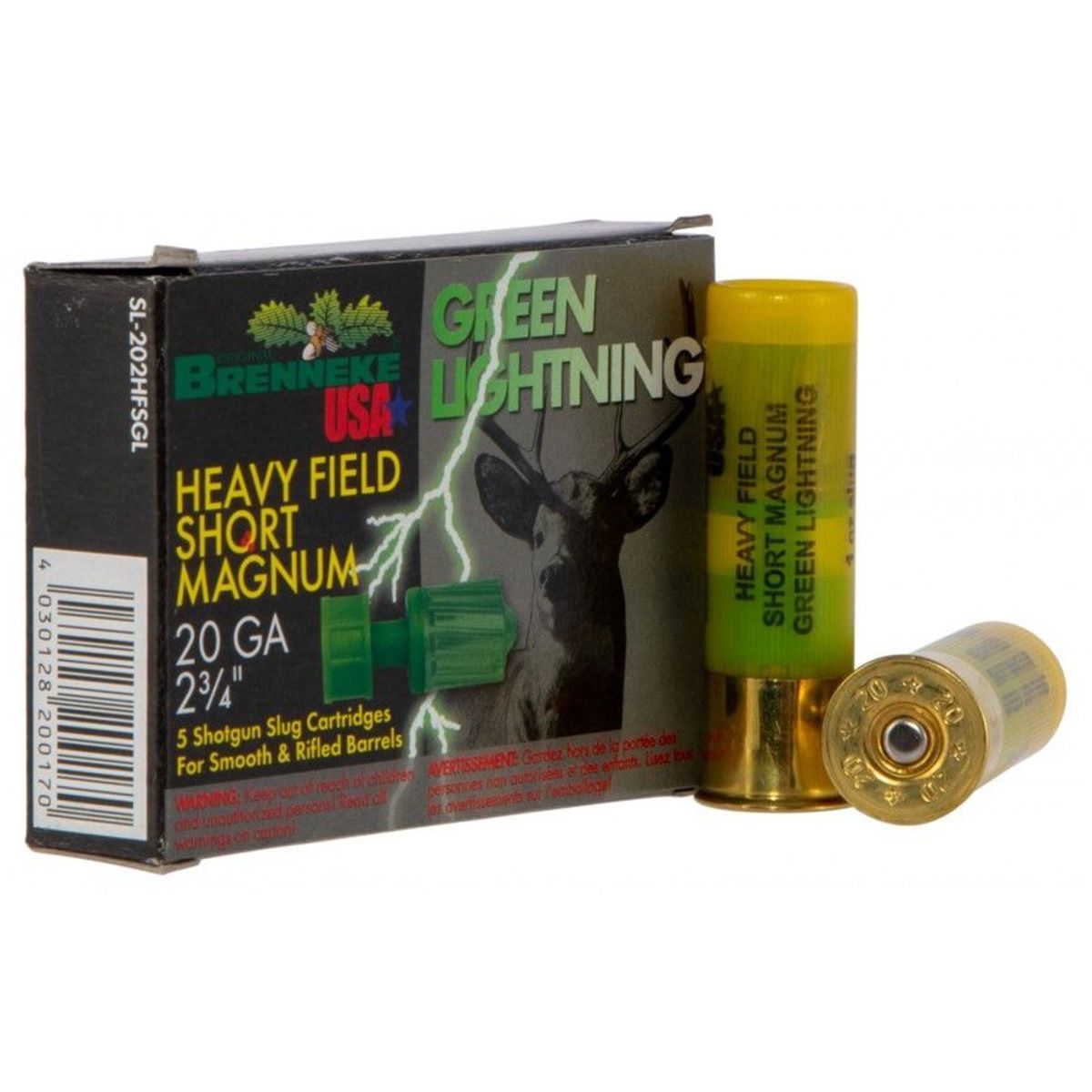 Brenneke SL202HFSGL Green Lightning 20 Gauge 2.75" Slug 1 oz Shotgun Ammo - 5 Rounds