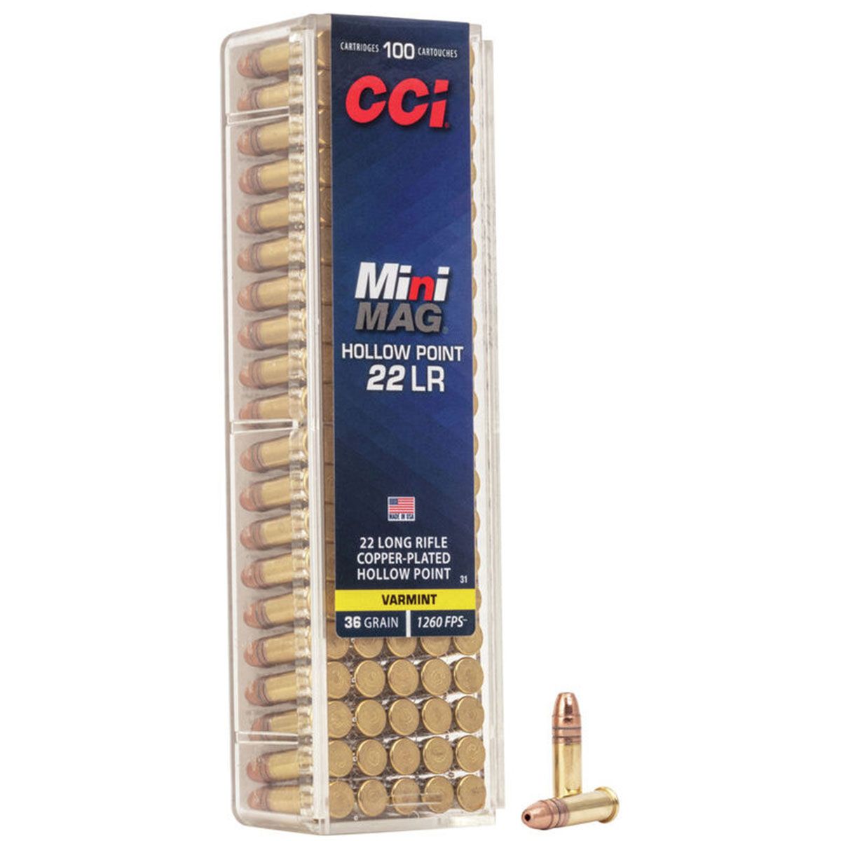 CCI 0031 Varmint Mini-Mag 22 LR 36 gr Copper Plated Hollow Point (CPHP) Rimfire Ammo - 100 Rounds