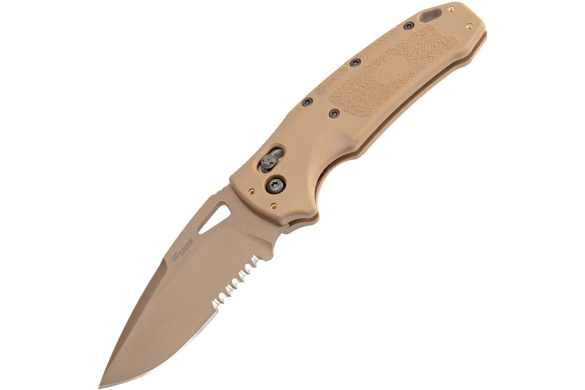 SIG K320 M17/M18 Manual Folder: 3.5" Drop Point Blade (Partially Serrated) - Coyote PVD Finish, Coyote Tan Polymer Frame