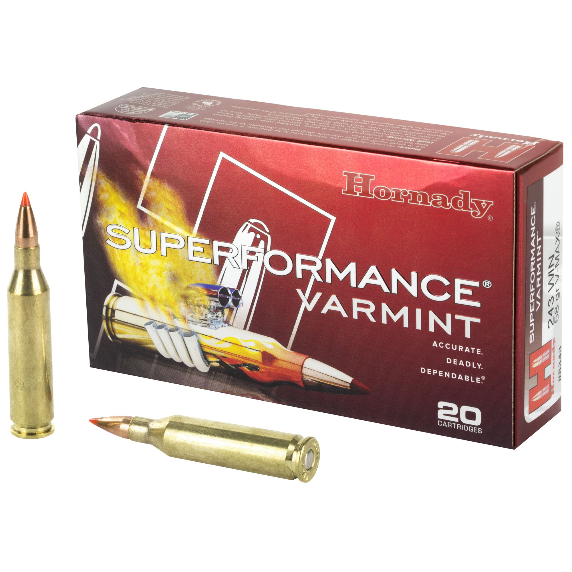 Hornady 8343 Superformance Varmint 243WIN 58 Gr Ammo V-Max Rifle Ammo - 20 Rounds
