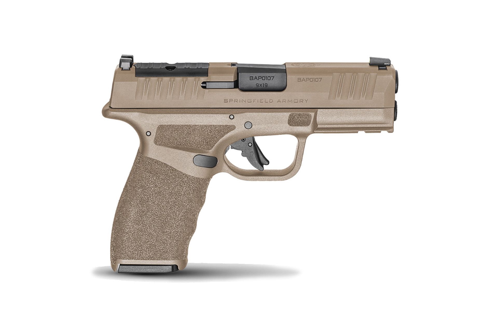 Springfield Hellcat Pro 9mm 3.7" FDE polymer frame & grip,  Tritium/Luminescent Front Sights; Tactical Rack U Notch Rear Sights 2x15rd mags