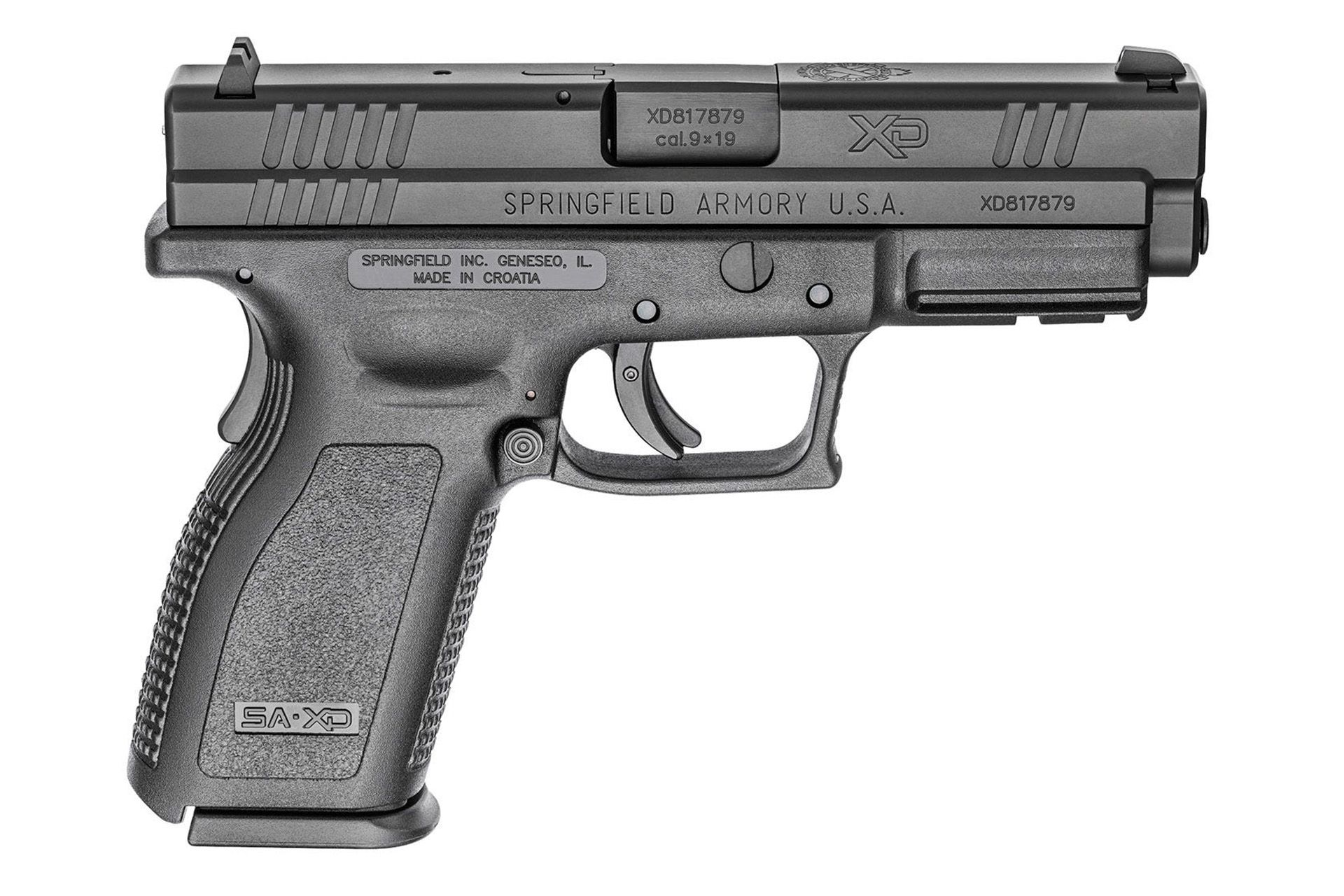 Springfield XD9, Semi-automatic, Polymer Frame Pistol, Full Size, 9MM, 4" Barrel, Melonite Finish, Black, Fixed Sights, 10Rd, 5 Mags, W/Range Bag