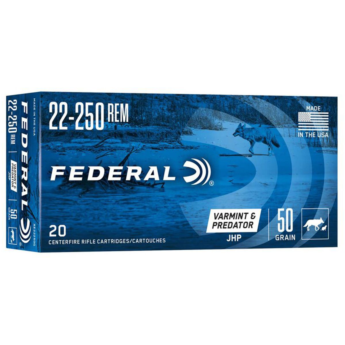 Federal AE22250G American Eagle Varmint & Predator 22-250 Rem 50 gr Jacket Hollow Point Rifle Ammo - 20 Rounds