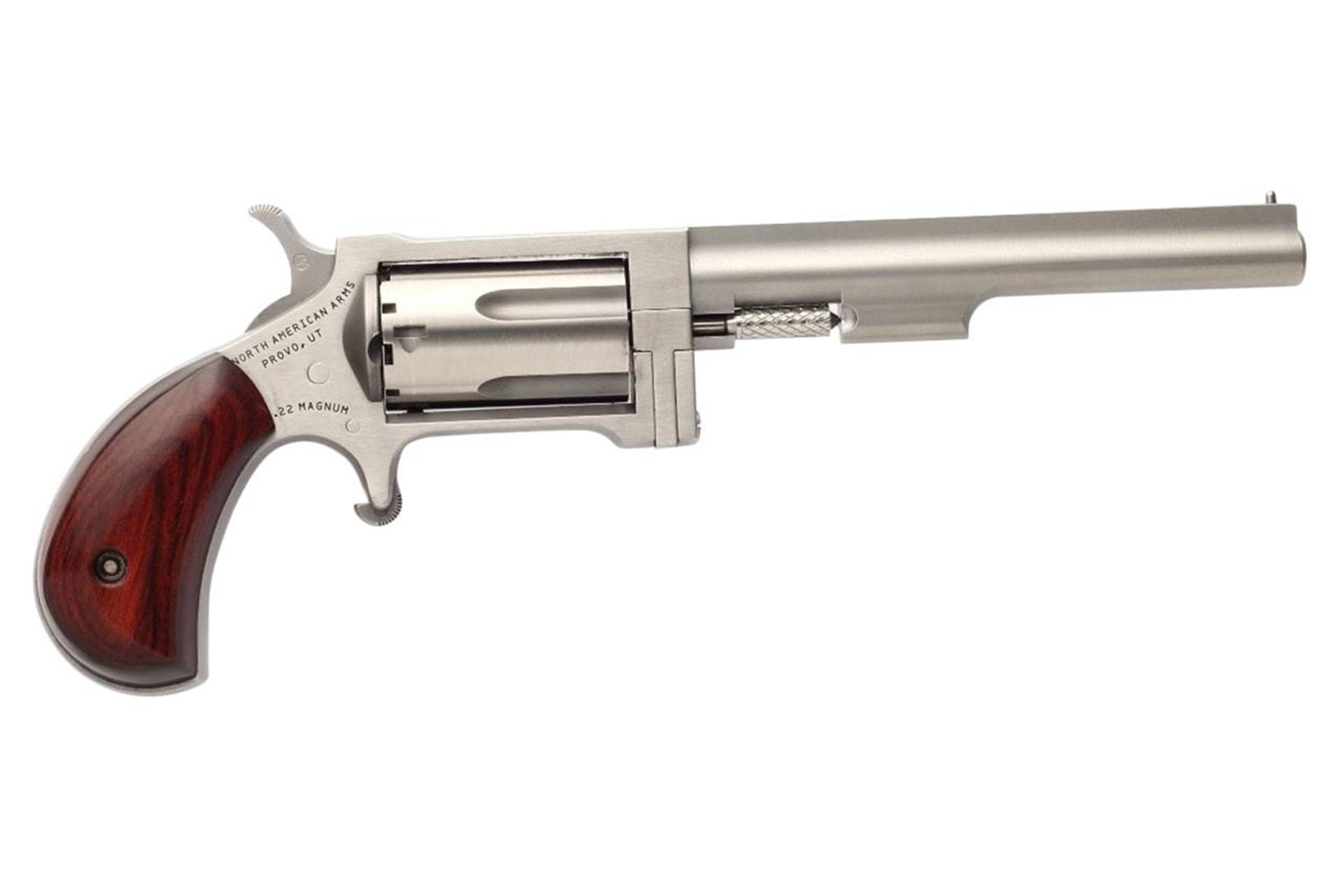 North American Arms SW4 Sidewinder *CA Compliant 22 WMR Caliber with 4" Barrel, 5rd, Stainless Steel Finish & Rosewood Birdshead Grip