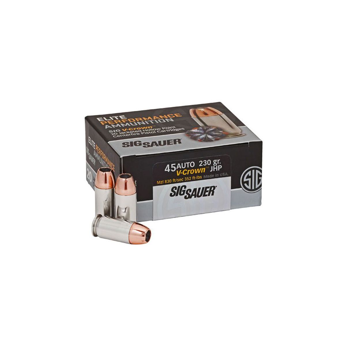 Sig Sauer Elite Performance E45AP2-20 V-Crown 45 ACP 230 Grain Jacketed Hollow Point Handgun Ammo - 200 Rounds