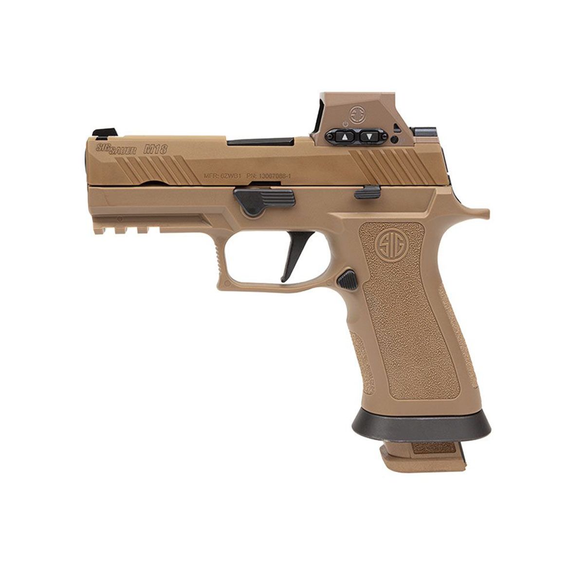 Sig  M18X 3.9" 9mm Luger 21+1Coyote PVD Optic Ready/Serrated Stainless Steel Slide & Polymer Frame w/Beavertail & Picatinny Rail, Sig ROMEOM17
