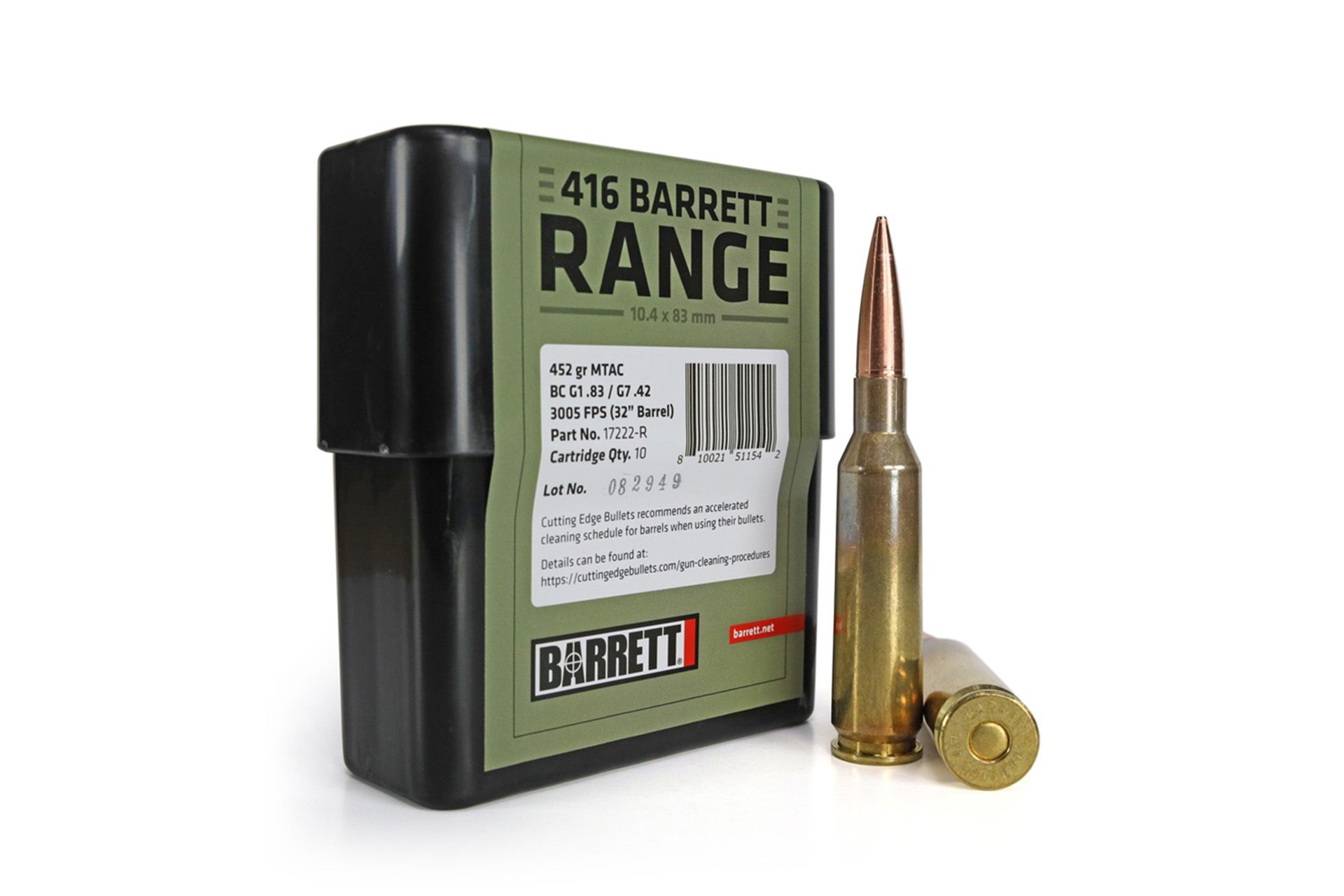 Barrett Ammo 416 Barrett Range Ammo 452 Grain Boat tail Hollow Point Rifle Ammo - 10 Rounds