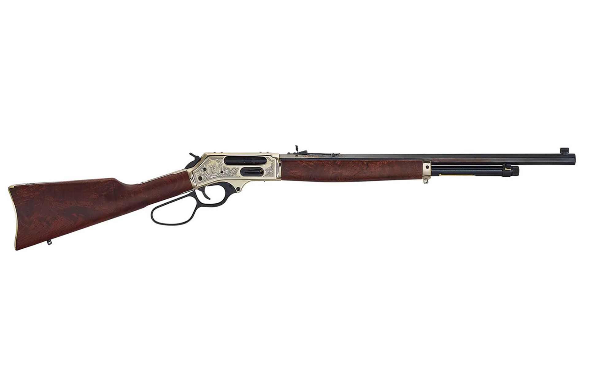 Henry 45-70 Gov 4+1 22" Polished Brass Engraved Receiver American Walnut Furniture Large Loop Lever