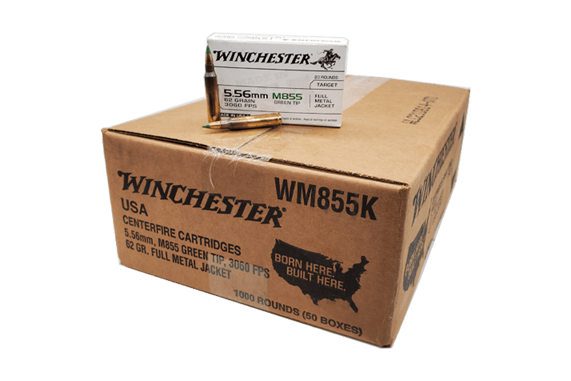 Winchester WM855K 5.56 NATO 62gr FMJ Green Tip Rifle Ammo - 1000 round case
