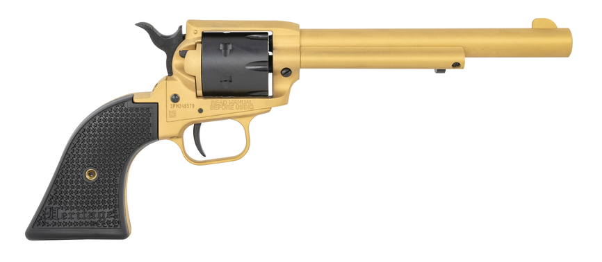 Heritage Rough Rider 22 LR 6 Shot, 6.5", Gold Cerakote Zinc Alloy Frame, Black Satin Cylinder, Hammer/Thumb Safety, Exposed Hammer