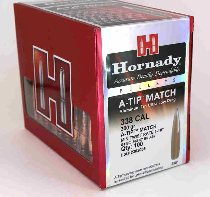 Hornady 33389 A-Tip Match .338 Cal 300gr Bullets w/1:10" Recommended Twist Rate (100/Box) 33389
