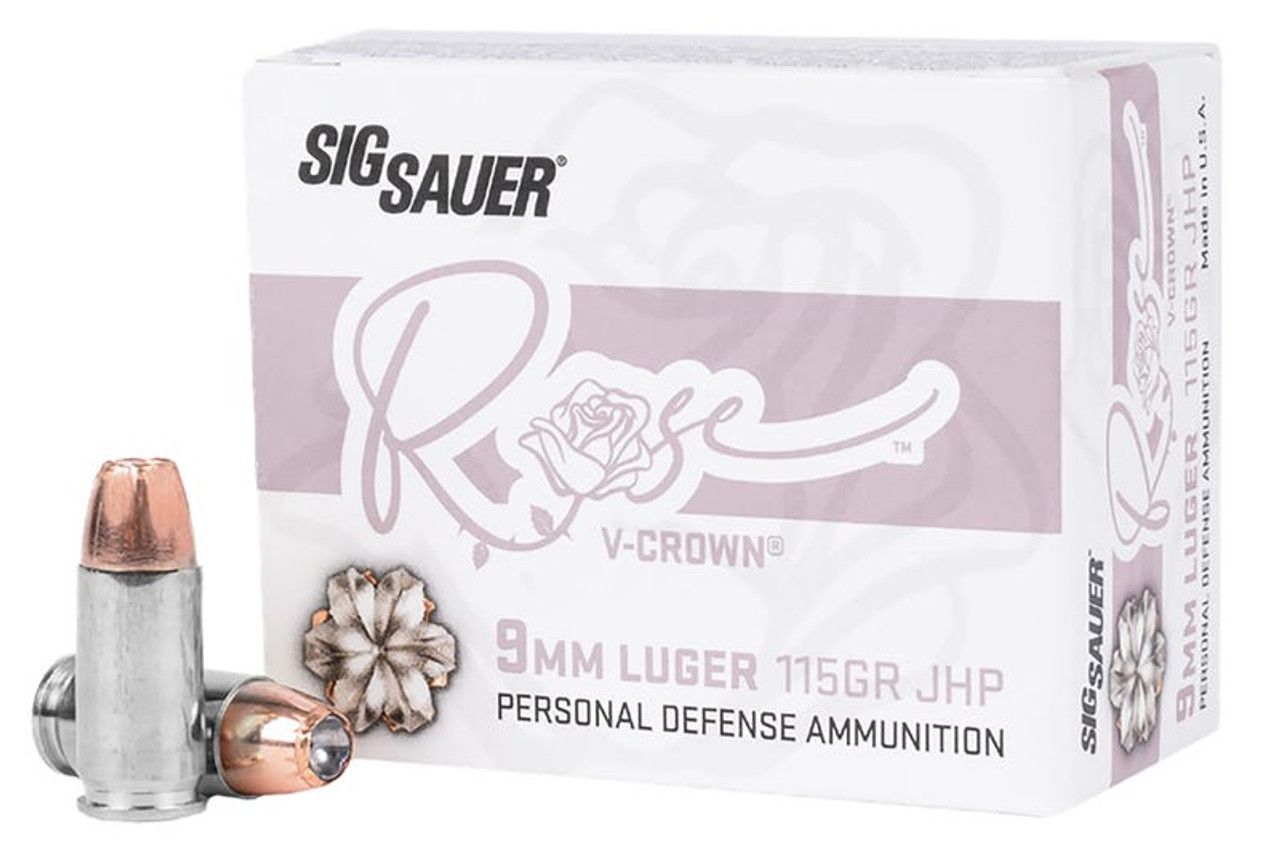 Sig Sauer Rose V Crown Nickel Plated Brass 9mm 115 Grain JHP Handgun Ammo - 20 round box