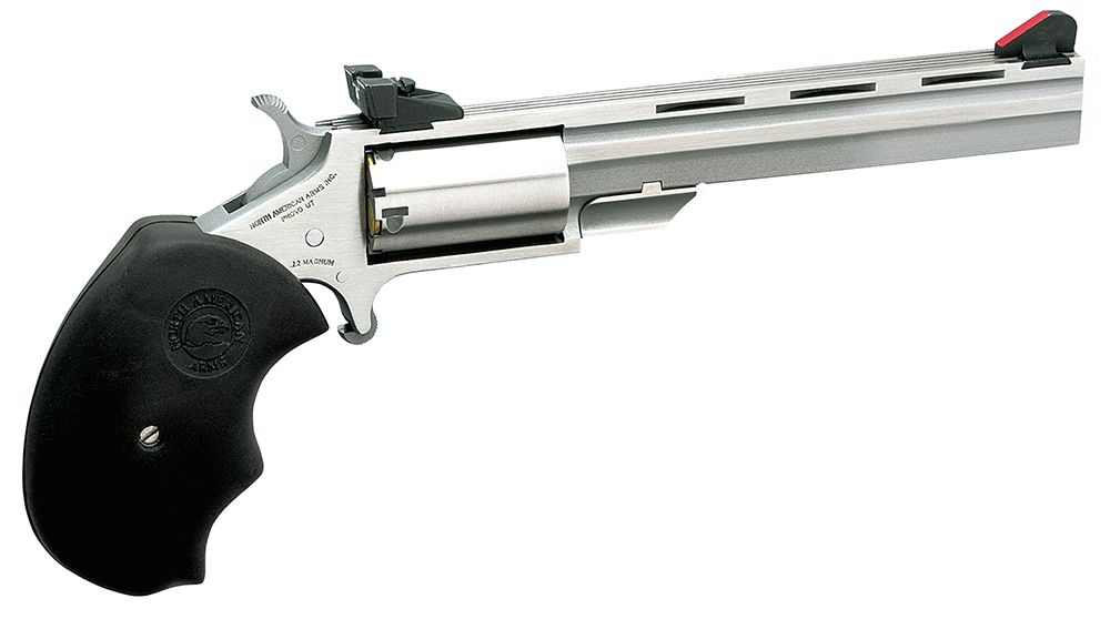 North American Arms Mini-Master *CA Compliant 22 LR/22 WMR 5 Shot 4", Stainless Steel Frame, Black Finger Grooved Rubber Grip