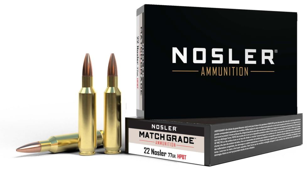 Nosler 60016 Match Grade 22 Nosler 77 gr 2950 fps Custom Competition Hollow Point Boat-Tail (CCHPBT) Rifle Ammo - 20 Rounds