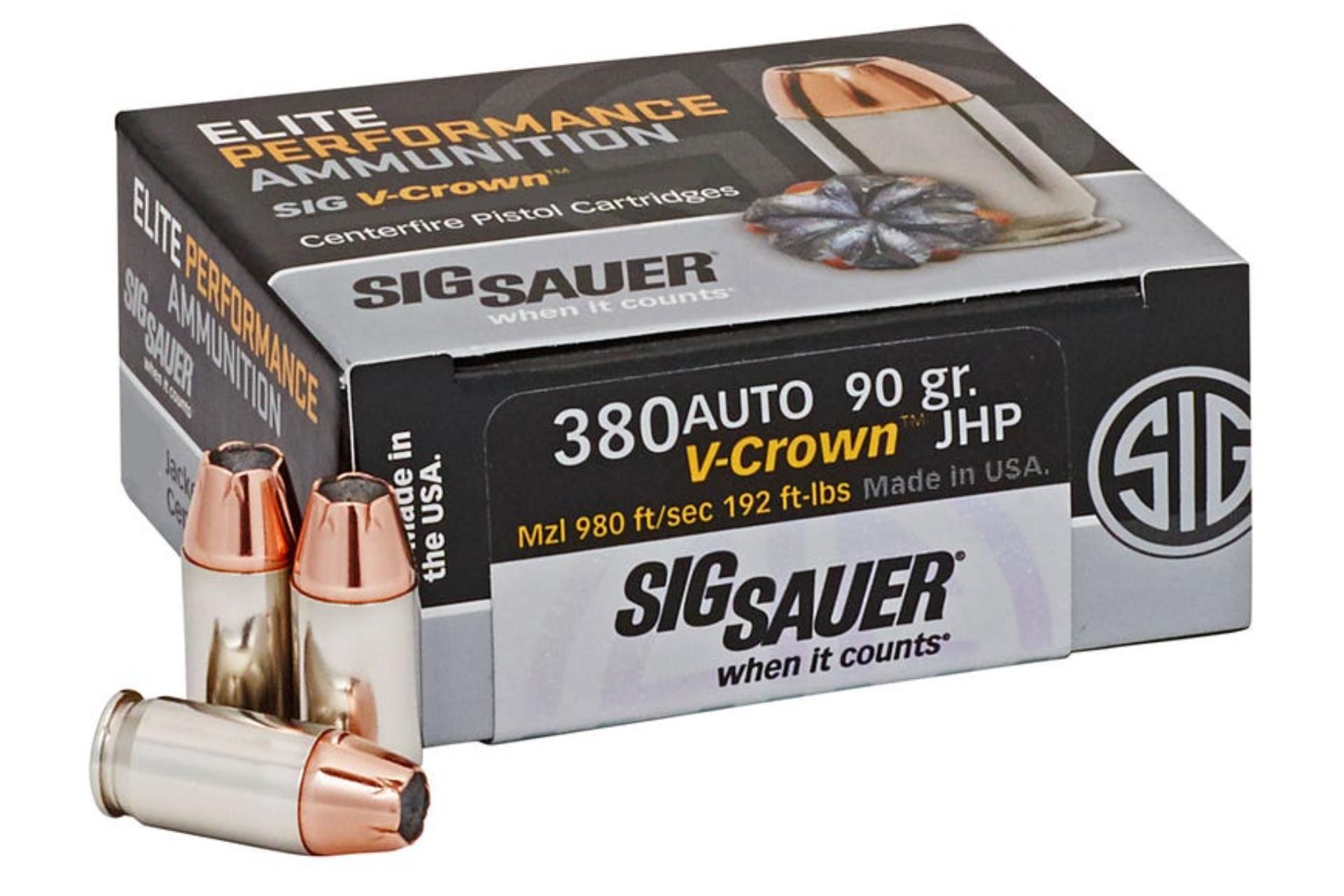 Sig Sauer 380 Auto 90Gr V-Crown JHP Ammunition Handgun Ammo - 50 Rounds