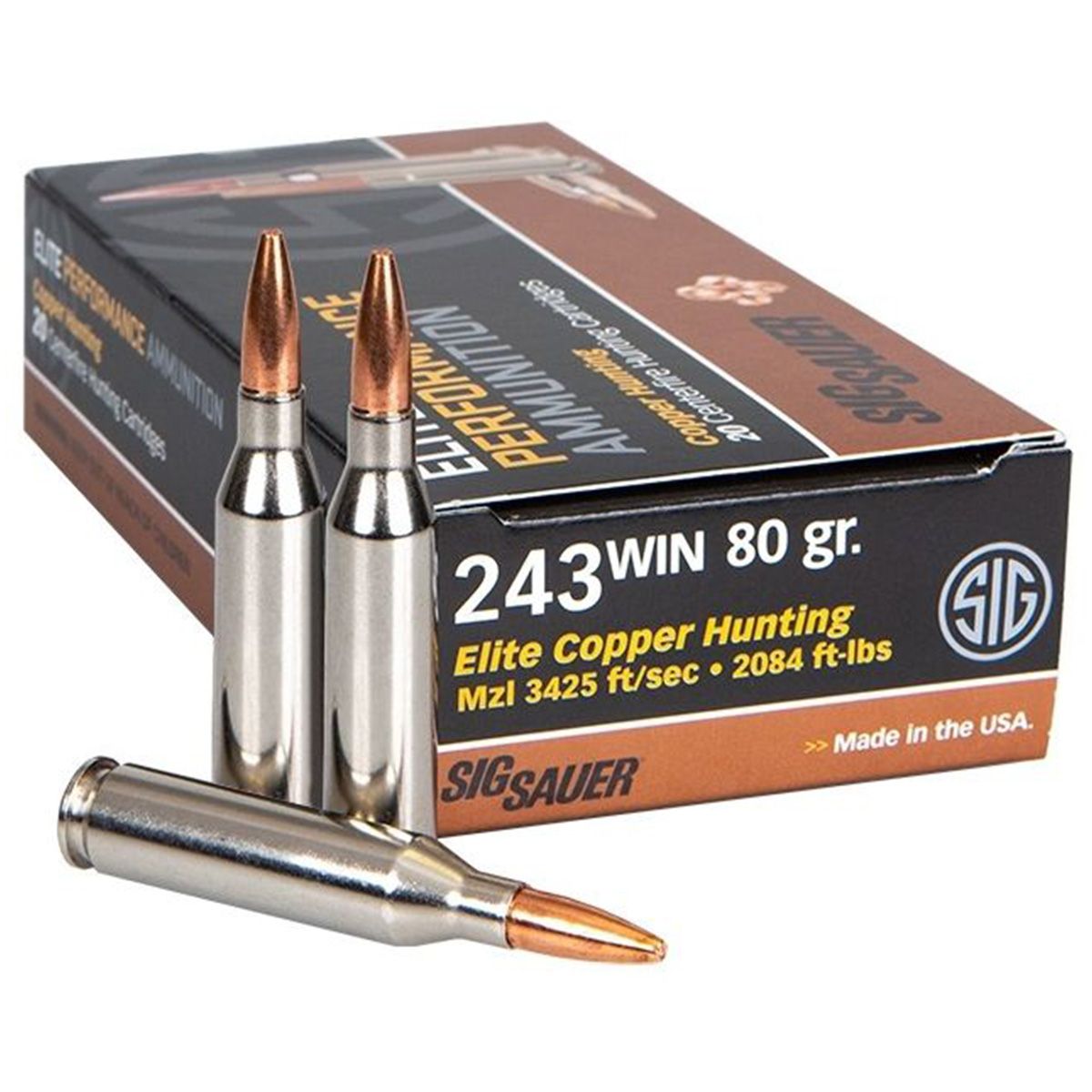SIG Sauer Ammo 243 Win 80Gr Elite Series Solid Copper Projectile Rifle Ammo - 20 Rounds