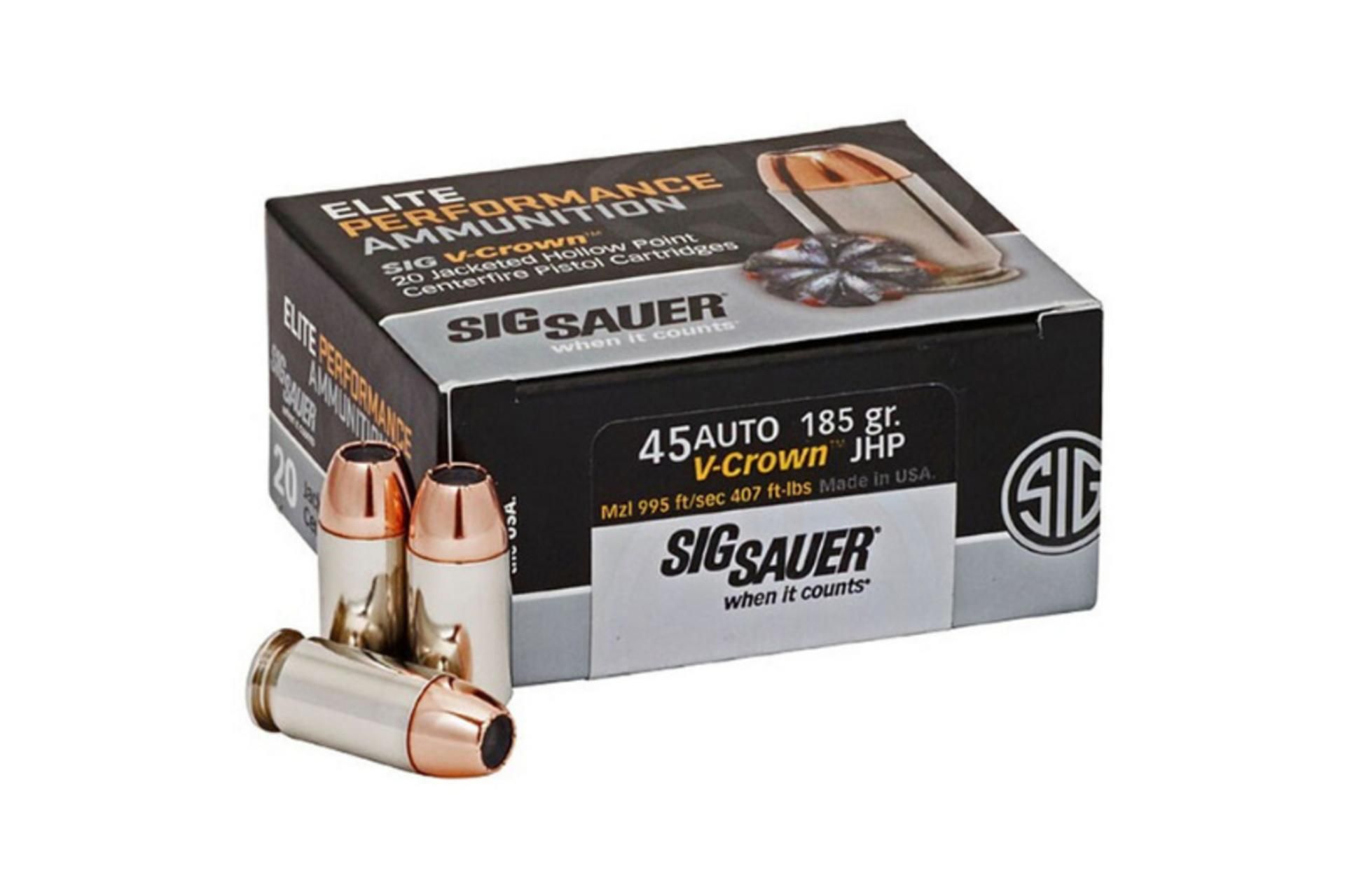 Sig Sauer E45AP0-20 .45 ACP 185Gr JHP Brass Ammo Handgun Ammo - 200 Rounds
